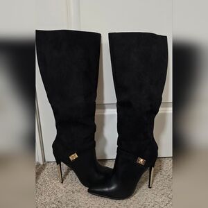 JustFab Black Over-the-Knee Stiletto Boots with Gold Trim